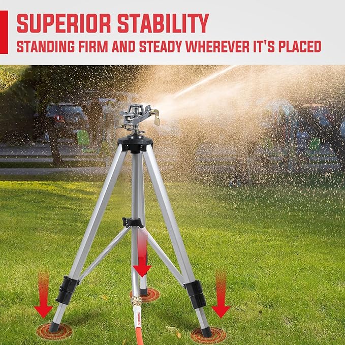 YAMATIC Impact Sprinkler on Adjustable Tripod Base, 360 Degree Large Area, Heavy Duty Adjustable Pulsator Sprinkler for Lawn, Yard and Grass Irrigation, Spray up to 20-90ft(36inch)