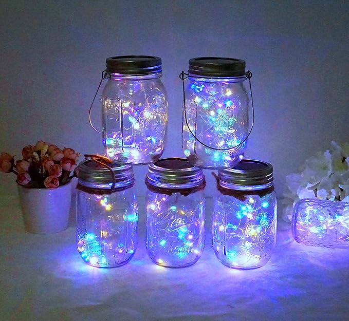 Solar Mason Jar Lid Lights, 10 Pack 30 LED Waterproof Firefly Fairy Lights with Hangers(No Jars), Outdoor Starry String Lights for Patio Yard Garden Wedding Lantern Decor (Colorful-with Hanger)