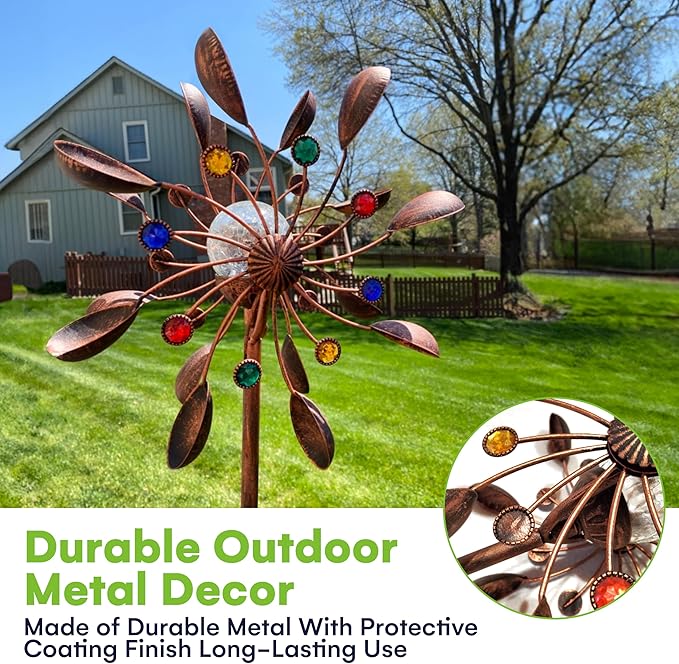 SteadyDoggie 75-Inch Wind Spinners Jewel Cup - Solar-Powered with Multi-Color LED Glass Ball - Metal Kinetic Windmill for Dual Wind Direction - Easy to Assemble Garden and Outdoor Yard Decorations