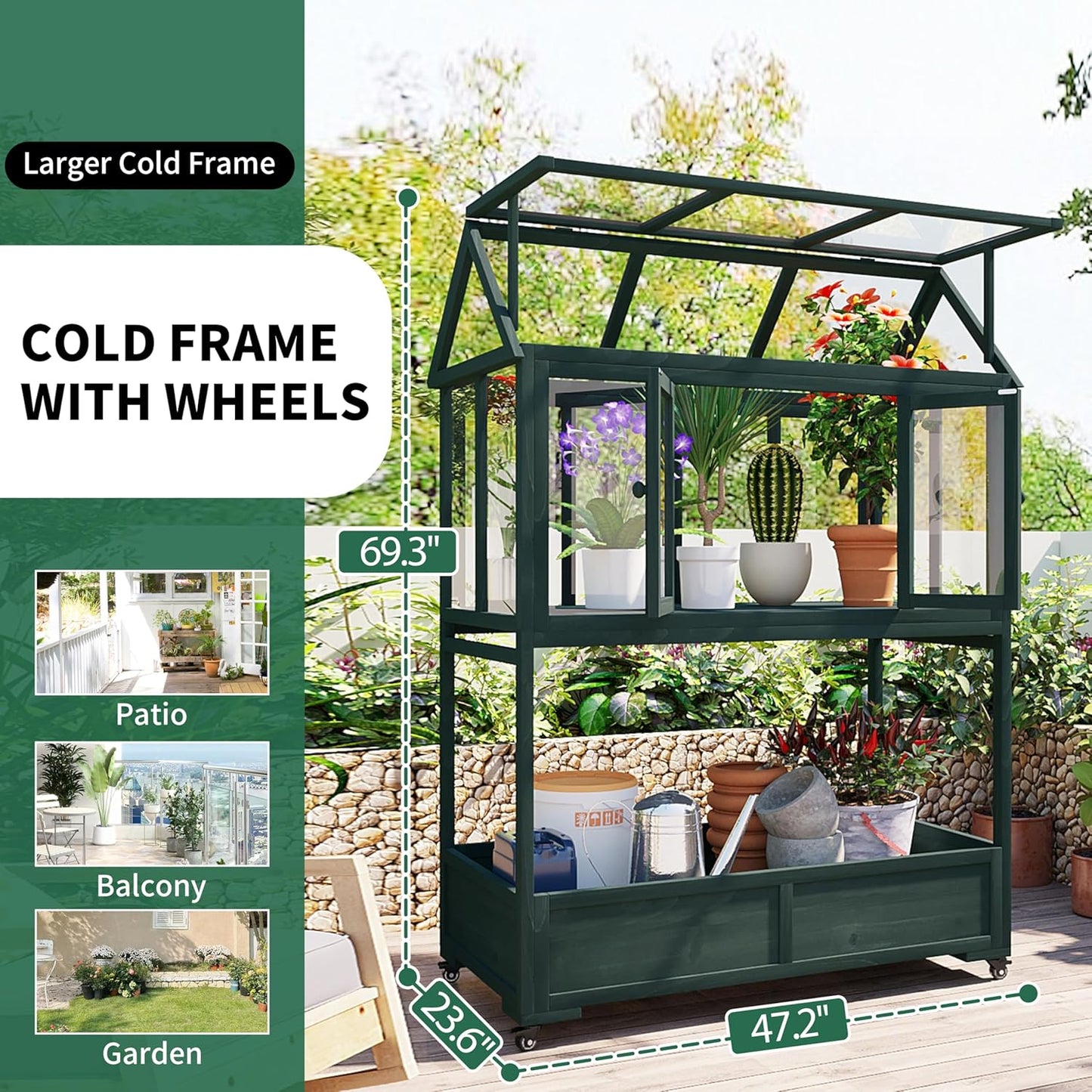 Garden Wood Portable Cold Frame - Mini Greenhouse with Wheels, Open Roof & Storage (Green + Beige + Beige)