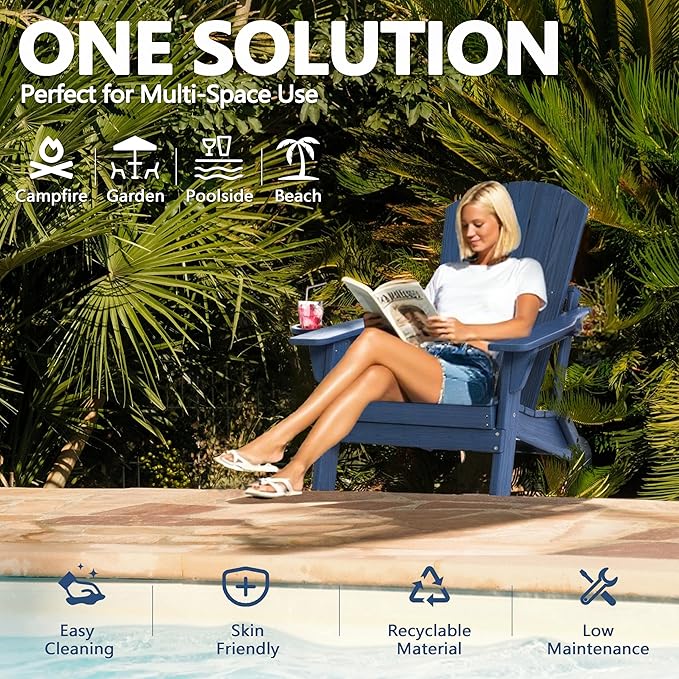 Folding Adirondack Chair Set of 4 with Cup Holder, HDPE All Weather Resistant Plastic Outdoor Patio Chairs, Heavy Duty Fire Pit Seating for Backyard Lawn Garden, Wooden Textured Design(Navy Blue)