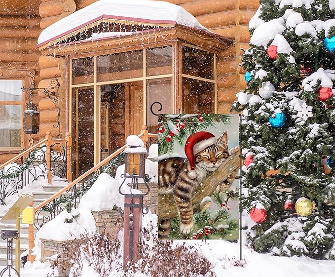 BLKWHT Winter Cat Garden Flag 12x18 Vertical Double Sided Christmas Holiday Outside Decorations Burlap Yard Flag BW738