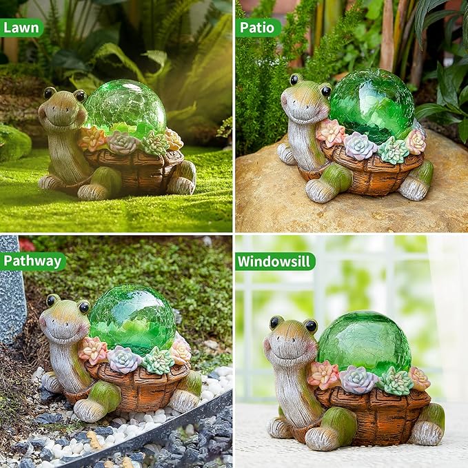 Solar Turtle Garden Statue Lights for Outdoor Decor with Cracked Glass LED Figurine Lighting Resin Succulent Tortoise Decorations Patio Lawn Yard Housewarming Mom Gifts