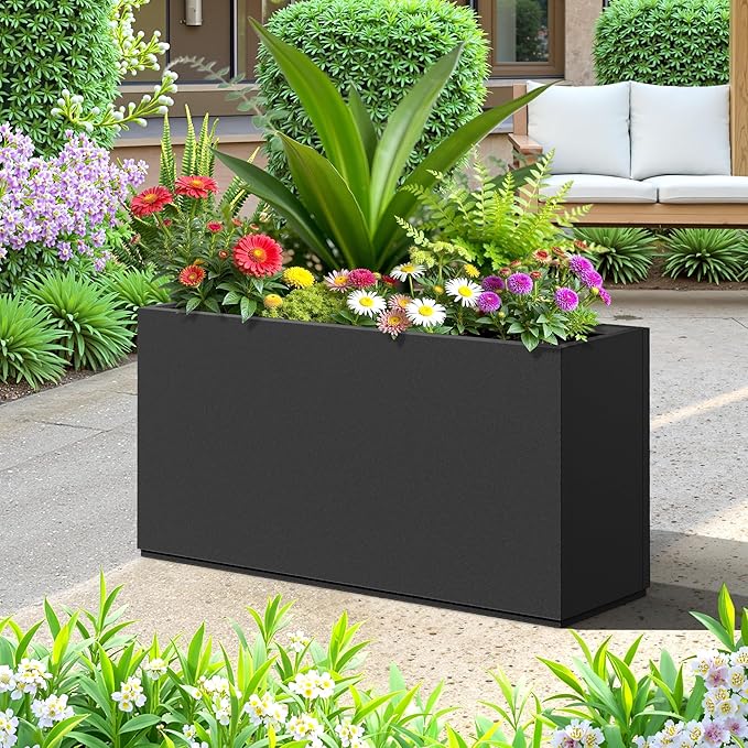 FENCY Metal Rectangular Planter Box, Large Planters for Outdoor Plants, Tall Planters for Outdoor Plants with Drainage Holes (32" L x 10" W x 16.3" H,Black)
