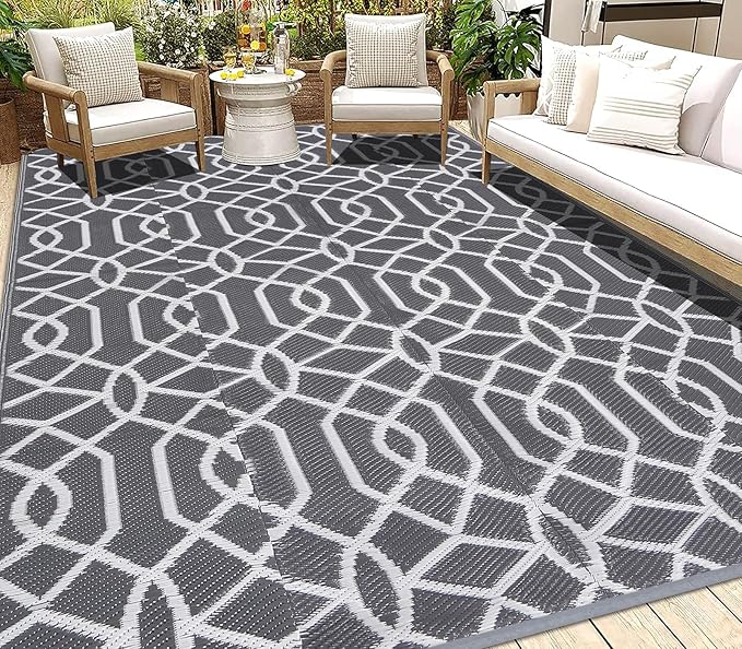 HEBE Outdoor Rug Waterproof 8x10, Reversible Plastic Straw Rug RV Camping Rug, Indoor Outdoor Patio Mat Clearance, Outside Carpet for Porch,Deck,Camper,Balcony,Backyard,Picnic