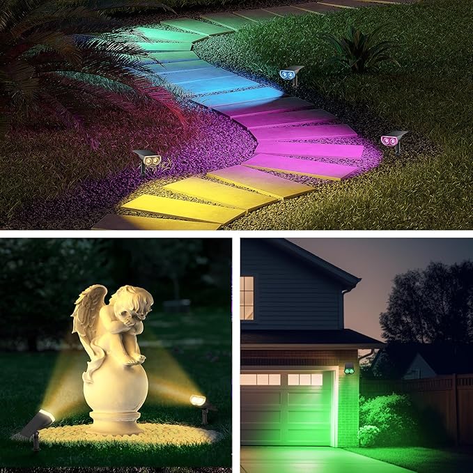 Consciot Solar Color Changing Outdoor Spotlights, 7 Lighting Modes Outside Solar Lights Waterproof IP67, Multicolor Christmas Decorations Landscape Lights for Pathway Patio Fence, Auto On/Off, 2 Pack