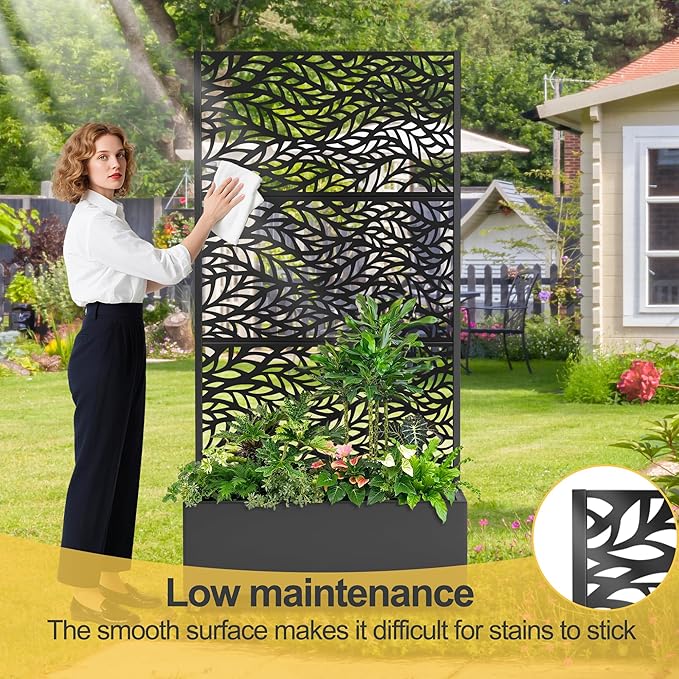 Raised Garden Bed with Trellis and Wheels,73"x35"x16" Metal Raised Garden Bed,Black Flowing Leaf Metal Planter with Climbing Trellis for Vines & Vegetables