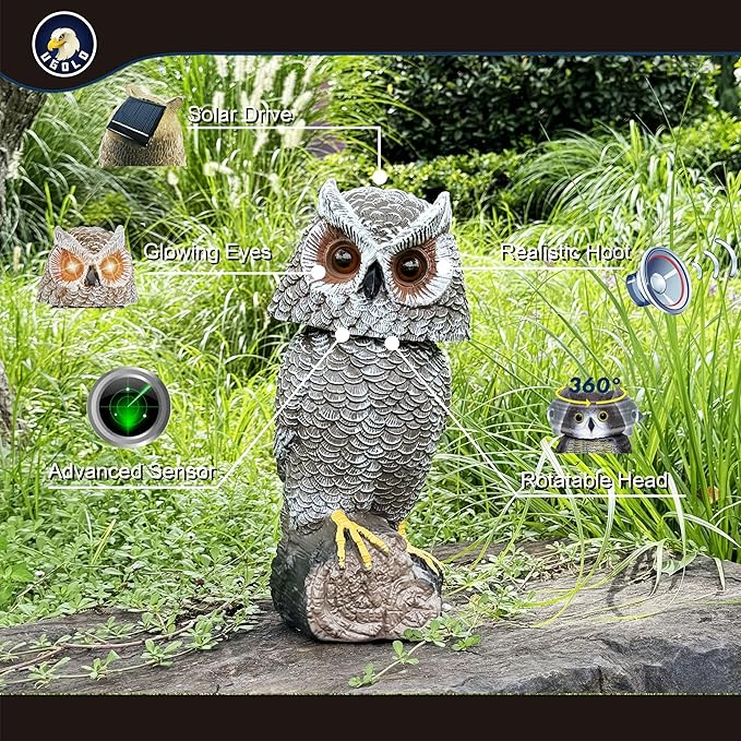 Solar Powered Garden Owl with Motion Detection, Rotating Head, Realistic Hoots and Silent Mode, Garden Sculpture, Plastic Owl Decoration for Home, Garden, Patio and Lawn