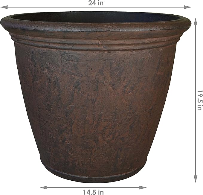 Sunnydaze 24-Inch Anjelica Large Plastic Pot for Plants - Outdoor Polyresin Round Planter with Drillable Drainage Holes - Rust - 2pk
