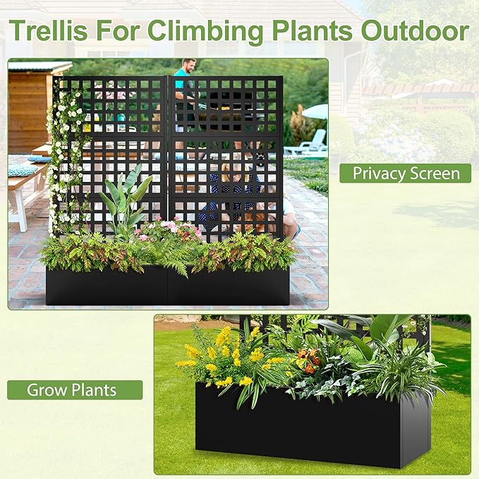 Metal Raised Garden Bed, Trellis Planters Bed with Drainage Holes for Climbing Plants, Vegetables Outdoor Privacy Screen with Planter Box 73"x35"x16", Black