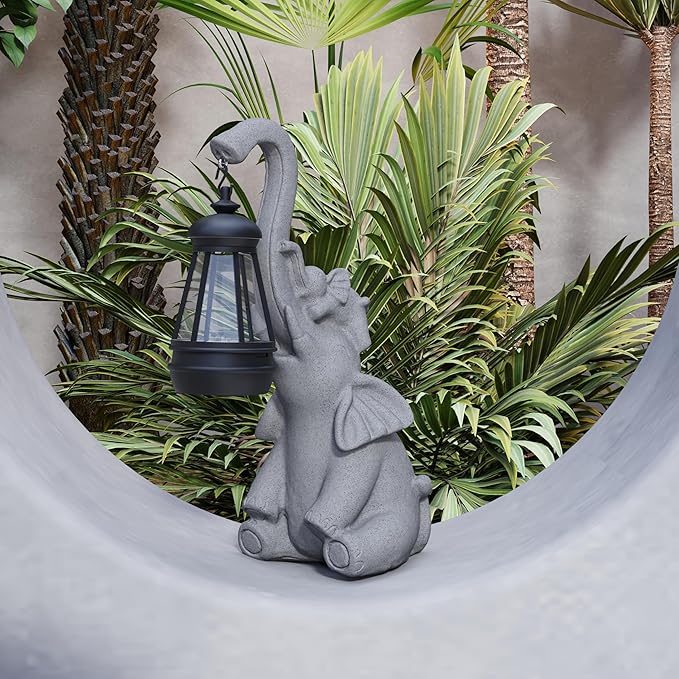 Solar Powered Outdoor Figurine Lights, 10 Inch Waterproof Animal Elephant Statue Light, Suitable for Decorations for Patio, Balcony, Lawn, Courtyard, Etc.(Trunk)