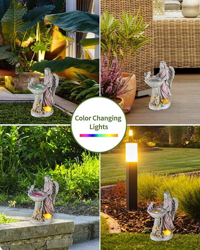 iStatue Solar Angel with Mushroom Bird Bath Statue - 9.5'' Garden Decor for Outside Clearance, Color-Changing Lights Lawn Ornaments Baby Turtle Figurine for Yard Patio, Balcony Gifts (Angel)