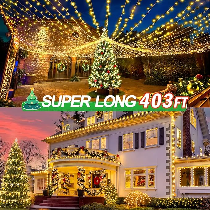 KNONEW 403ft 1000 LED Christmas String Lights Outdoor 8 Modes & Timer Fairy Light Plug in Waterproof LED Wedding Lights for Xmas Yard Tree Party Holiday Decorations (Warm White)