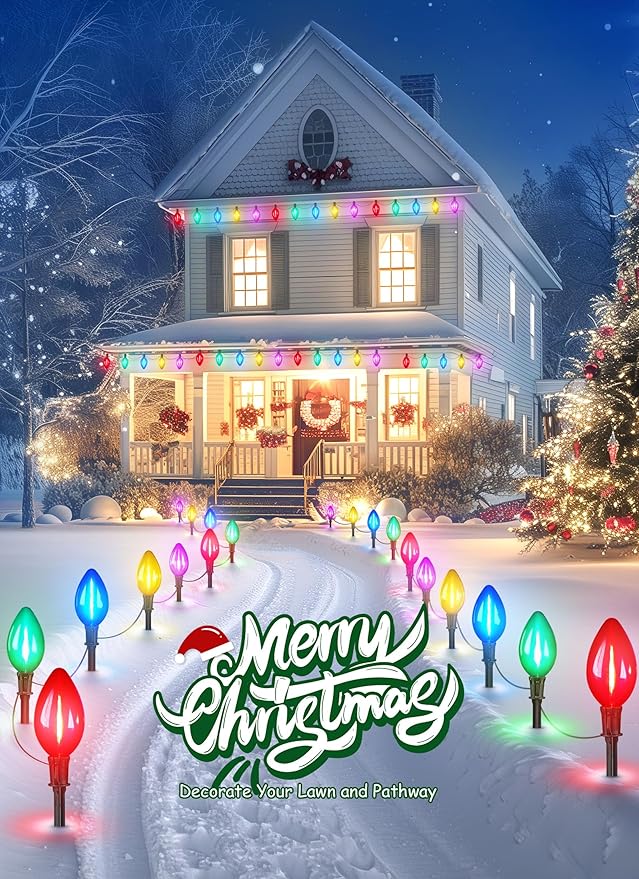 Minetom Solar Double C9 Christmas Pathway Lights Outdoor -16FT 10 LED C9 Christmas Lights Outdoor with Timer,8 Modes, Solar Christmas Outdoor Decorations for Lawn Walkway Outside Holiday, Multicolor