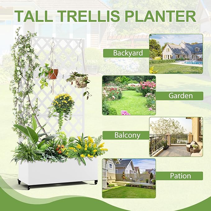 Metal Planter Trellis Box with Wheels & Drain Plug Outdoor Raised Garden Bed Patio Privacy Screen with Planter for Climbing Plants, Vegetables 73"x35"x16" White-Diamond