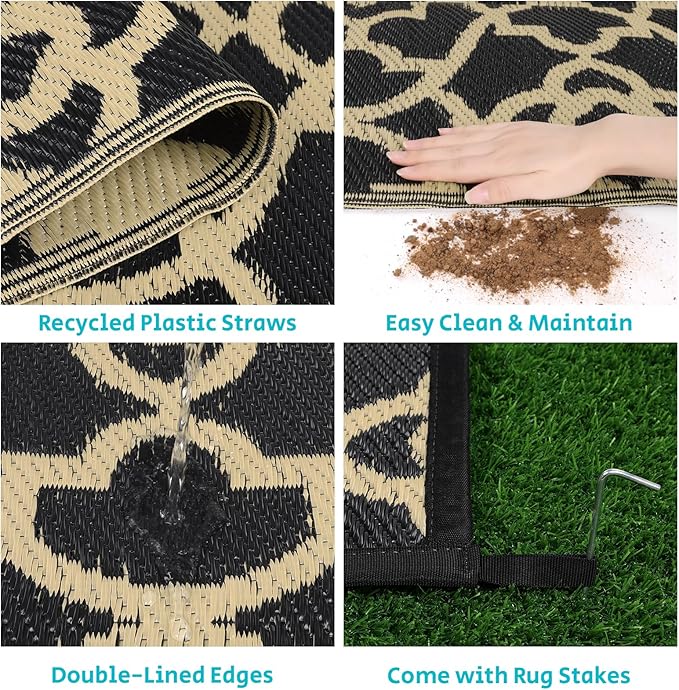HEBE Outdoor Rug Waterproof 8x10, Reversible Plastic Straw Rug RV Camping Rug, Indoor Outdoor Patio Mat Clearance, Outside Carpet for Porch,Deck,Camper,Balcony,Backyard,Picnic