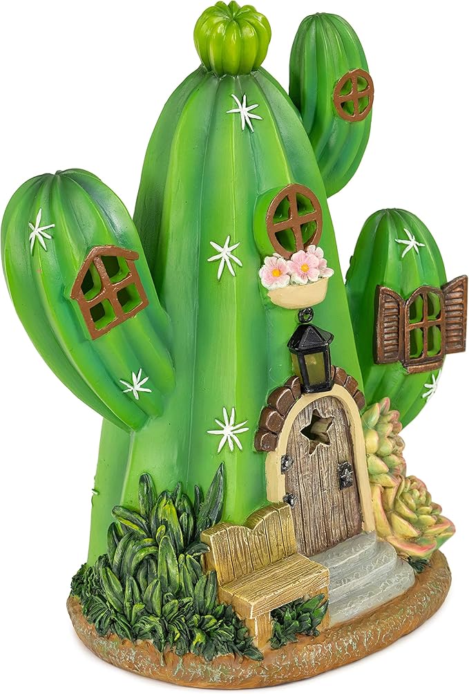 VP Home Enchanted Cactus Cottage Solar Light for Home and Outdoor Decor, Cactus Cottage Solar Powered Flickering LED Garden Light Cottage Backyard Halloween Decoration