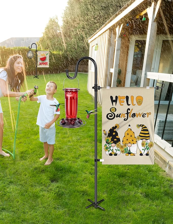 Garden Flag Holder Stand with Shepherd Hook for 14'' x 20'' Flags Upgraded Flagole with 2 Spring Stoppers and 1 Clip, Yard Garden Flag Holder for Flags Weather-Proof (Without Solar Lights & Flag)