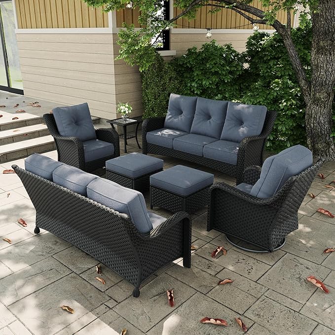 7 Pieces Outdoor Patio Furniture Sets with Rocking Swivel Chairs with 6-inch Thick Cushion and Side Table for Deck Lawn