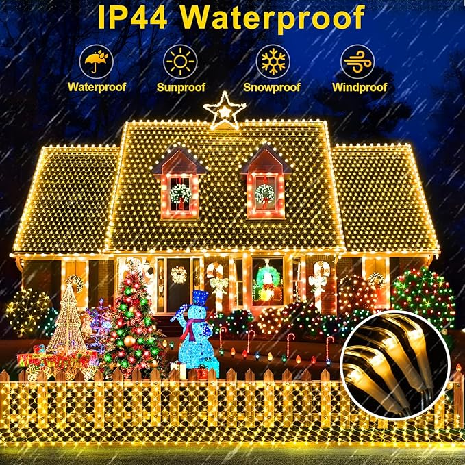 KNONEW 2-Pack 360 LEDs Christmas Net Lights 13ft x 6.6ft Outdoor Mesh Connectable Waterproof 8 Modes & Timer Plug-in Fairy Lights for Bushes Garden Party Wedding Holiday, Warm White