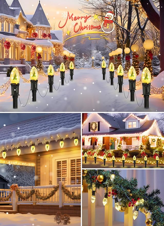 C9 Christmas Pathway Lights Outdoor, 25Ft 20 LED Christmas String Lights with Stakes, 3 Light Modes, Waterproof Connectable Christmas Decorations for Outside Lawn Yard Sidewalk Driveway, Warm White