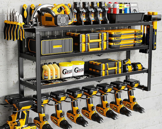 MAXIFFE 4 Layer Power Tool Organizer, 9 Drill Holder Heavy Duty Metal Wall Mount Cordless Tool Organizers and Storage Rack Holder for Garage Workshop Pegboard, Gifts for Men, Black, 32 inch