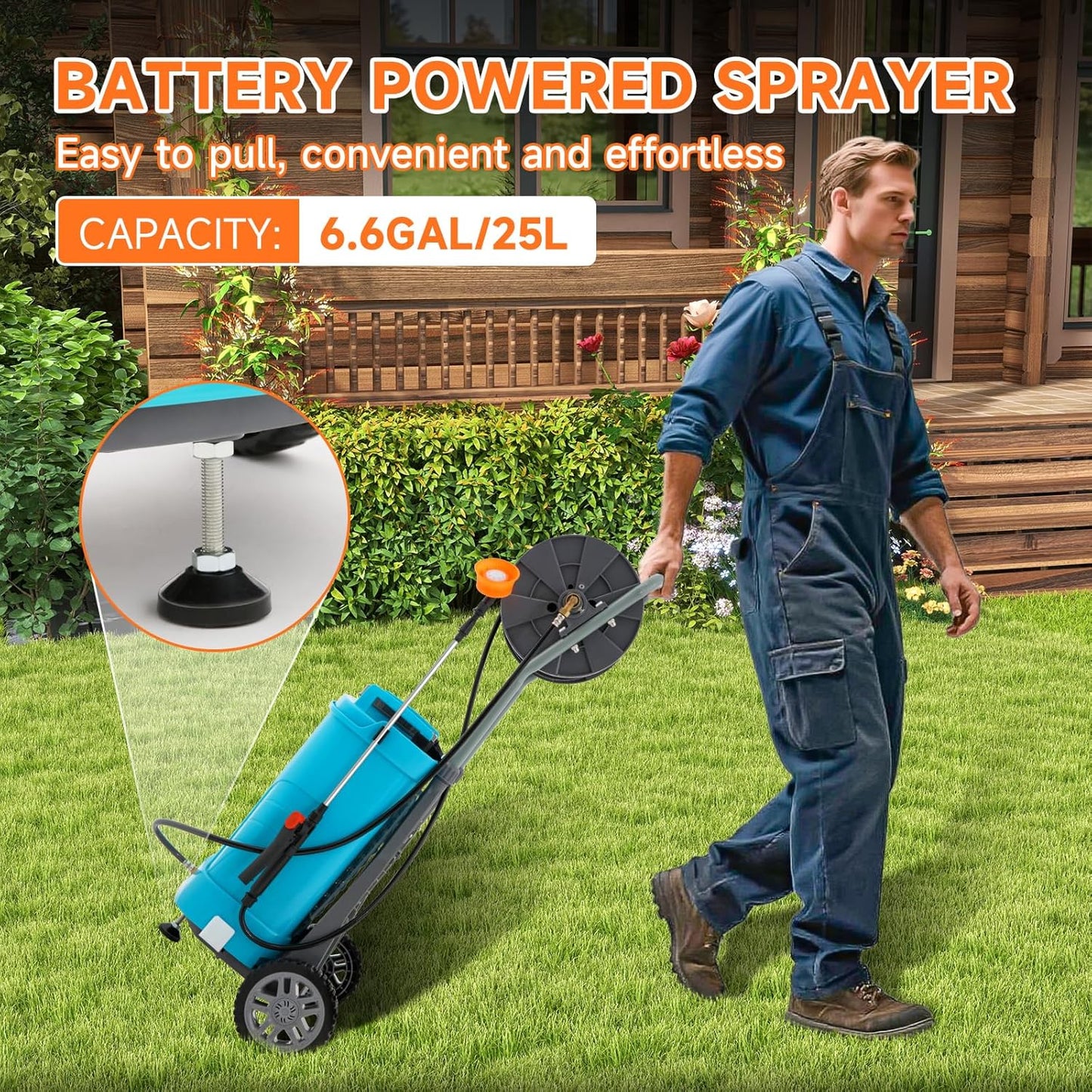 6.6 Gallon Battery Powered Sprayer, Portable Sprayer with Wheels,0-94 PSI,12V 8Ah Battery,Adjustable HD Wand and 10 Nozzles for Weeding, Spraying, Cleaning