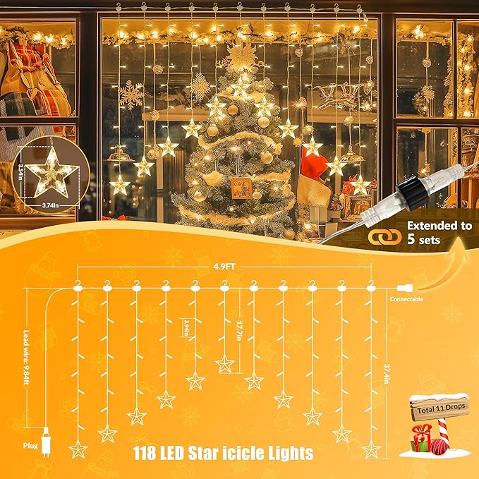 YOUNGAR Stars Icicle Lights, Stars Curtain Lights,11.5ft 118LED Hanging for Home Bedroom Ceiling, Warm White Lights Decor for Wall Indoor, Outdoor, Party, Garden Christmas