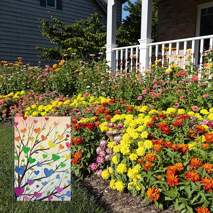 Louise Maelys Pride Garden Flag Rainbow Tree Love Heart 12x18 Inch Double Sided Welcome Small Burlap Gay Lesbian LGBTQ Yard Outdoor Sign Outside Home House Decor