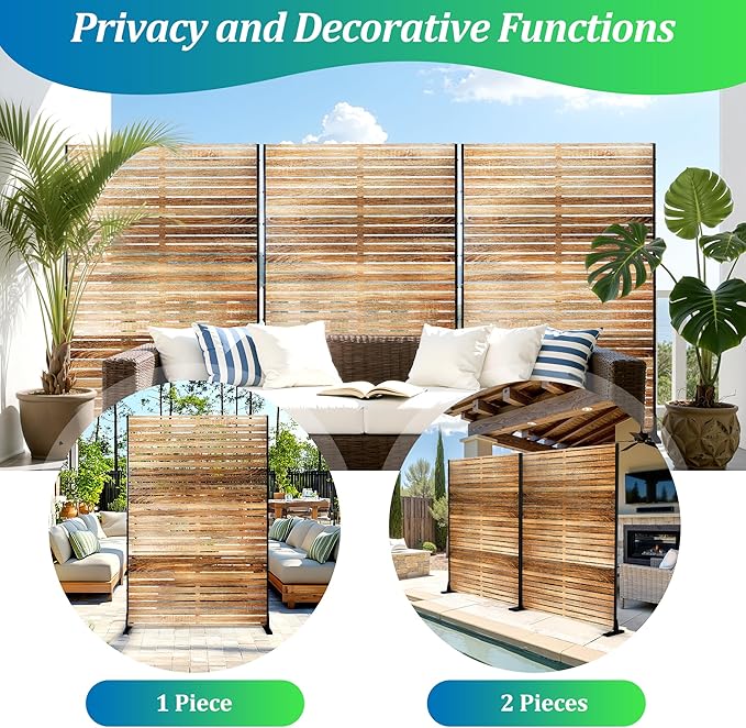 FENCY Metal Privacy Screen 72" H×47" W Natural Wood Color Outdoor Privacy Screen, Freestanding Decorative Privacy Fence Panels for Deck Balcony Patio