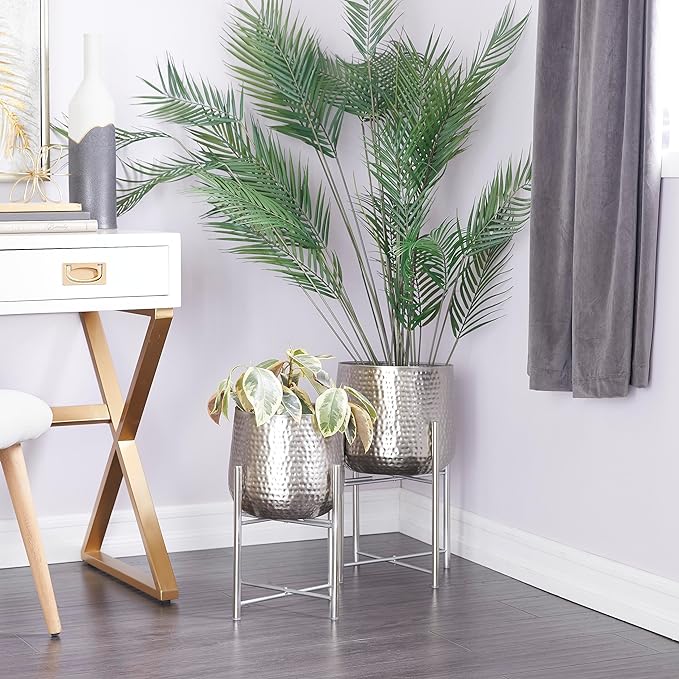 CosmoLiving by Cosmopolitan Metal Indoor Outdoor Planter Hammered Large Planter Pot with X-Shaped Stands, Set of 2 Planters 19", 16"H, Silver