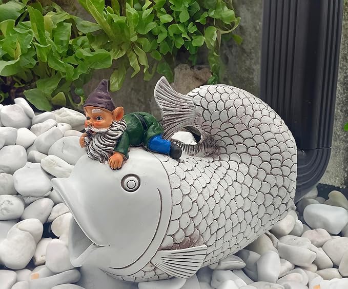 Gnome Fish Sculpture, Garden Animal Statue & Outdoor Decor, Eco-Friendly Resin Gutter Diverter Rain, Decorative Gutter Extension Downspout, Splash Block, Perfect for 3"x4" Downspouts