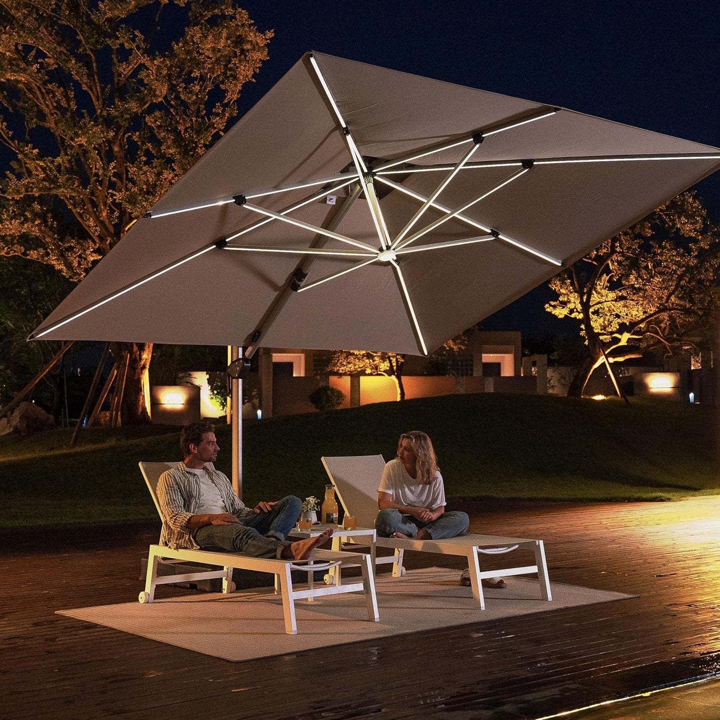 PURPLE LEAF 11 Feet Double Top Deluxe Solar Powered LED Square Patio Umbrella Offset Hanging Umbrella Outdoor Market Umbrella Garden Umbrella, Beige