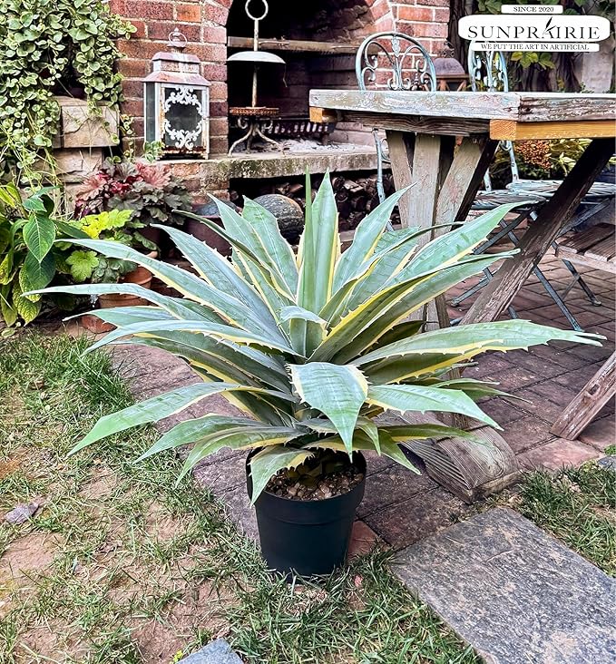 SUNPRAIRIE 32 Inch Tall Large Faux Agave Plant with Two-Tone Sawtooth Edged Leaves; Planted in Black Pot with Real Stone Pebbles. Large Artificial Plants Indoor and Outdoor.
