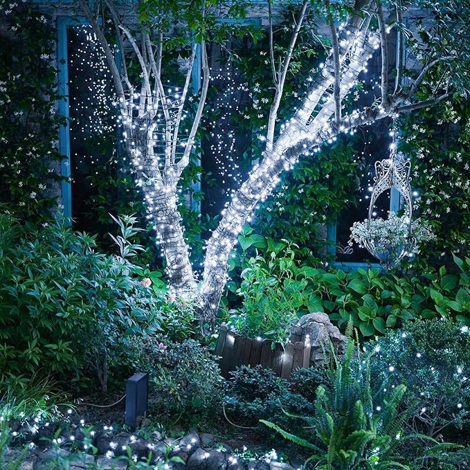 JMEXSUSS 250 LED White String Lights Outdoor Waterproof, 91.5ft Extendable Green Wire Twinkle Christmas Tree Lights, 8 Modes White Christmas Light Indoor for Wedding Party Garden Patio Decorations