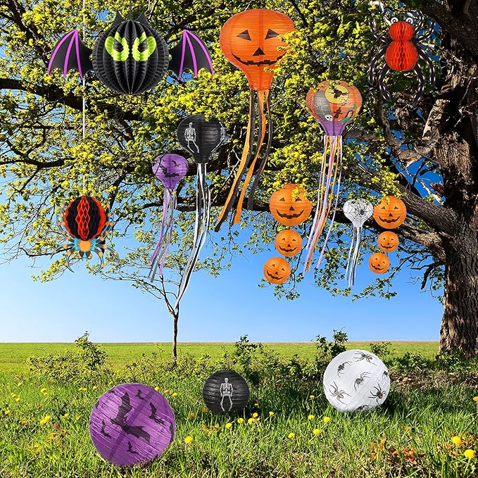 48 Pieces Halloween Decorations Paper Lanterns Pumpkin Skeleton Paper Lanterns 3D Bat Wall Stickers Spider Wall Hanging for Halloween Party Garden Bedroom Cobwebs Indoor Outdoor, 12 Inch and 8 Inch