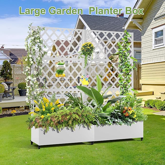 Metal Planter Trellis Box with Wheels & Drain Plug Outdoor Raised Garden Bed Patio Privacy Screen with Planter for Climbing Plants, Vegetables 73"x35"x16" White-Diamond