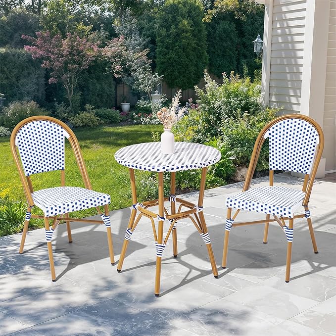 3 Piece French Wicker Bistro Set, Patio Bistro Set with Table and 2 Dining Chairs, All Weather ‎Outdoor ‎Bistro Set with Aluminum Frame, Outdoor Patio Set for Patio Porch Cafes Yard, Navy and White
