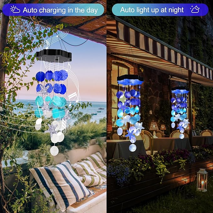 Solar Wind Chimes for Outside, White & Blue Shell Gifts for Mom Grandma Women, Waterproof Solar Outdoor Decorative Mobile Lights for Garden, Yard, Patio, Window, Party, Outdoor Decorations
