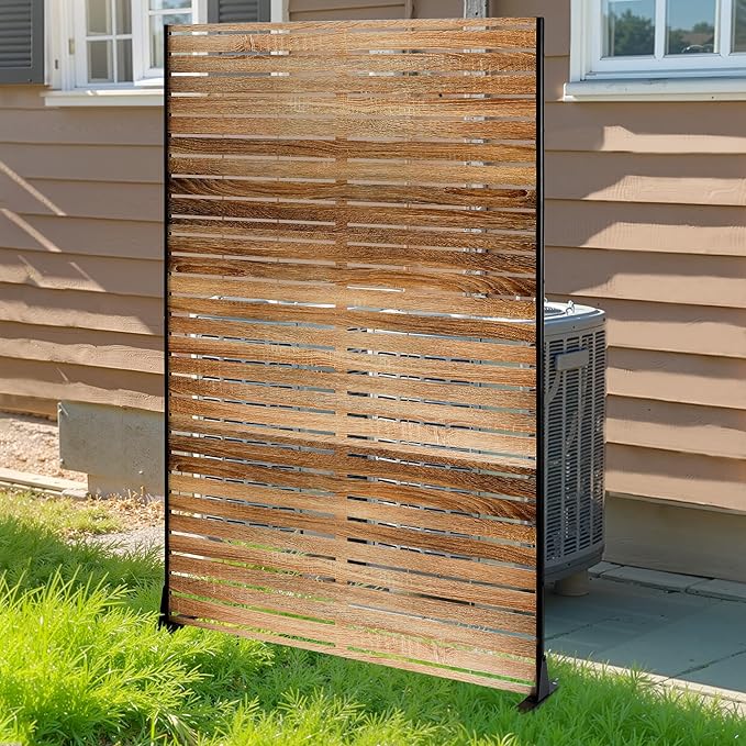 FENCY Metal Privacy Screen 72" H×47" W Natural Wood Color Outdoor Privacy Screen, Freestanding Decorative Privacy Fence Panels for Deck Balcony Patio