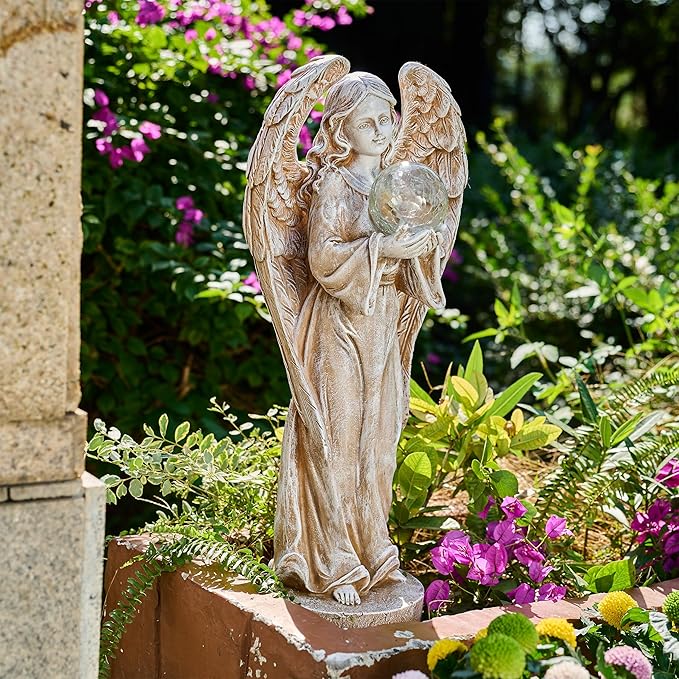 TERESA'S COLLECTIONS Angel Garden Statues with Solar Outdoor Light for Outdoor Decor, Fairy Figurine Resin with Wing & Glass Ball for Garden Decor, Yard Decor Lawn Ornament Gifts for Mom, 7.1"