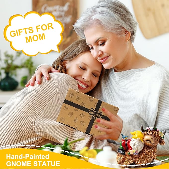 Garden Gnome Statue - Highland Cow with Solar Flower LED Lights and Bird - Funny Outdoor Decor for Table, Patio, Lawn - Unique Birthday Gifts for Mom, Women, and Christmas Decorations