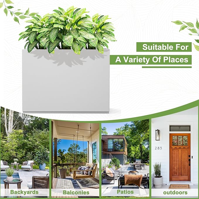 FENCY Metal Rectangular Planter Box Large Planters for Outdoor Plants, Tall Planters for Outdoor Plants with Drainage Holes, Rectangular Planters for Outdoor Plants (35.4" L x 9" W x 25.6" H,White)