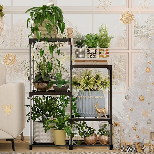 Plant Stand Indoor Outdoor Hanging Plant Shelf for Multiple Plants Pots Metal Flower Stand Flower Holder for Living Room, Patio, Balcony, Garden Decor, Black
