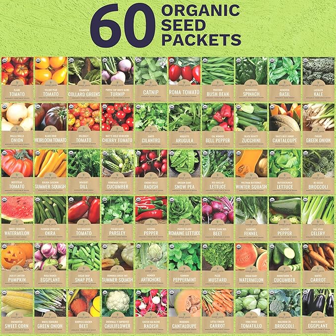 Organic Seeds Ultimate Variety Pack - 60 Individual Packs - 2025 Season - Geonvese Basil, Nantes Carrot, Roquette Arugula and More! for Indoor & Outdoor Planting (Non-GMO, Certified Organic)