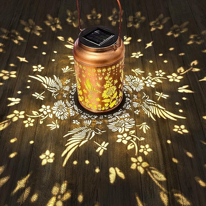 Outdoor Solar Waterproof Lantern Bee Garden Decorative Lights Hanging Solar Lights for Patio, Balcony, Backyard, Porch as Gift for Mom and Grandma (Hummingbird Flowers)