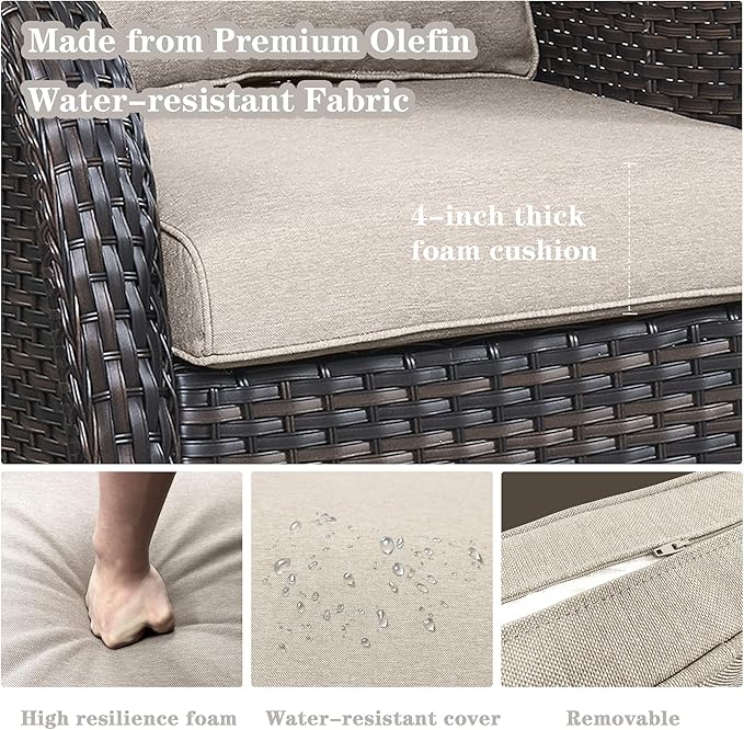 5 Piece Outdoor Patio Furniture Set - Outdoor Conversation Couch and Loveseat Glider Chair Furniture Set with Rattan Coffee Table for Deck Balcony Poolside Brown Wicker/Beige Cushions