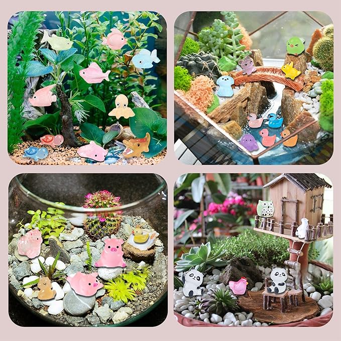 Luminous Tiny Resin Animals 300 Pcs Mini Animals Bulk Mini Resin Ducks Owls Tiny Frogs Pandas Small Rabbits Glow in The Dark for Miniature Garden Accessories Micro Landscape Aquarium Potted Decoration