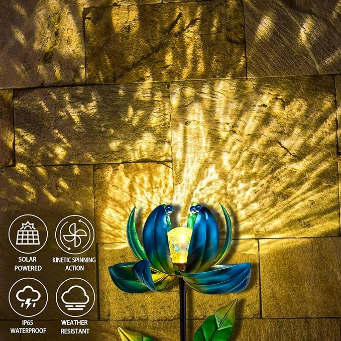 Huaxu Solar Outdoor Lights 35.4In Garden Decor Flower Wind Spinners,Waterproof LED Crackle Glass Globe Blue Lotus Art Metal Stake for Lawn Patio Pathway Yard Porch Driveway Decorations Gift