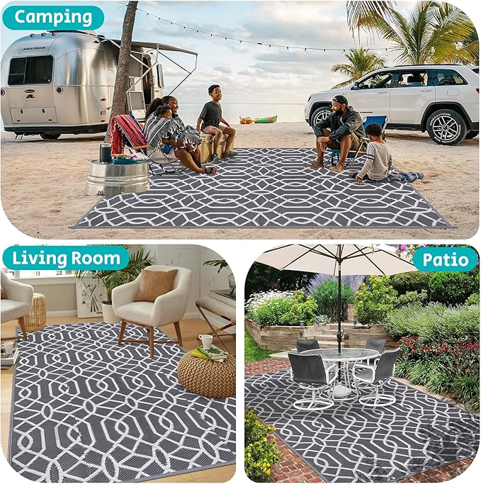 HEBE Outdoor Rug Waterproof 8x10, Reversible Plastic Straw Rug RV Camping Rug, Indoor Outdoor Patio Mat Clearance, Outside Carpet for Porch,Deck,Camper,Balcony,Backyard,Picnic